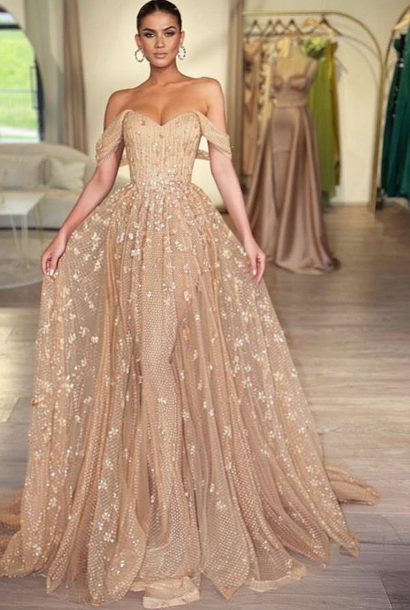 A Line Tulle Off The Shoulder V Neck Floor Length Prom Dress