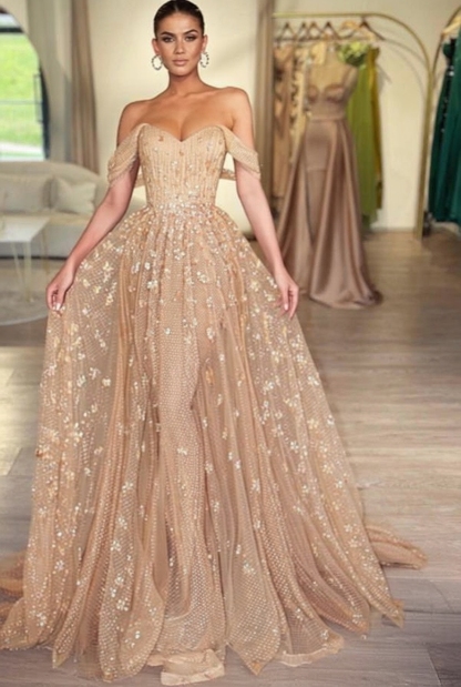 A Line Tulle Off The Shoulder V Neck Floor Length Prom Dress
