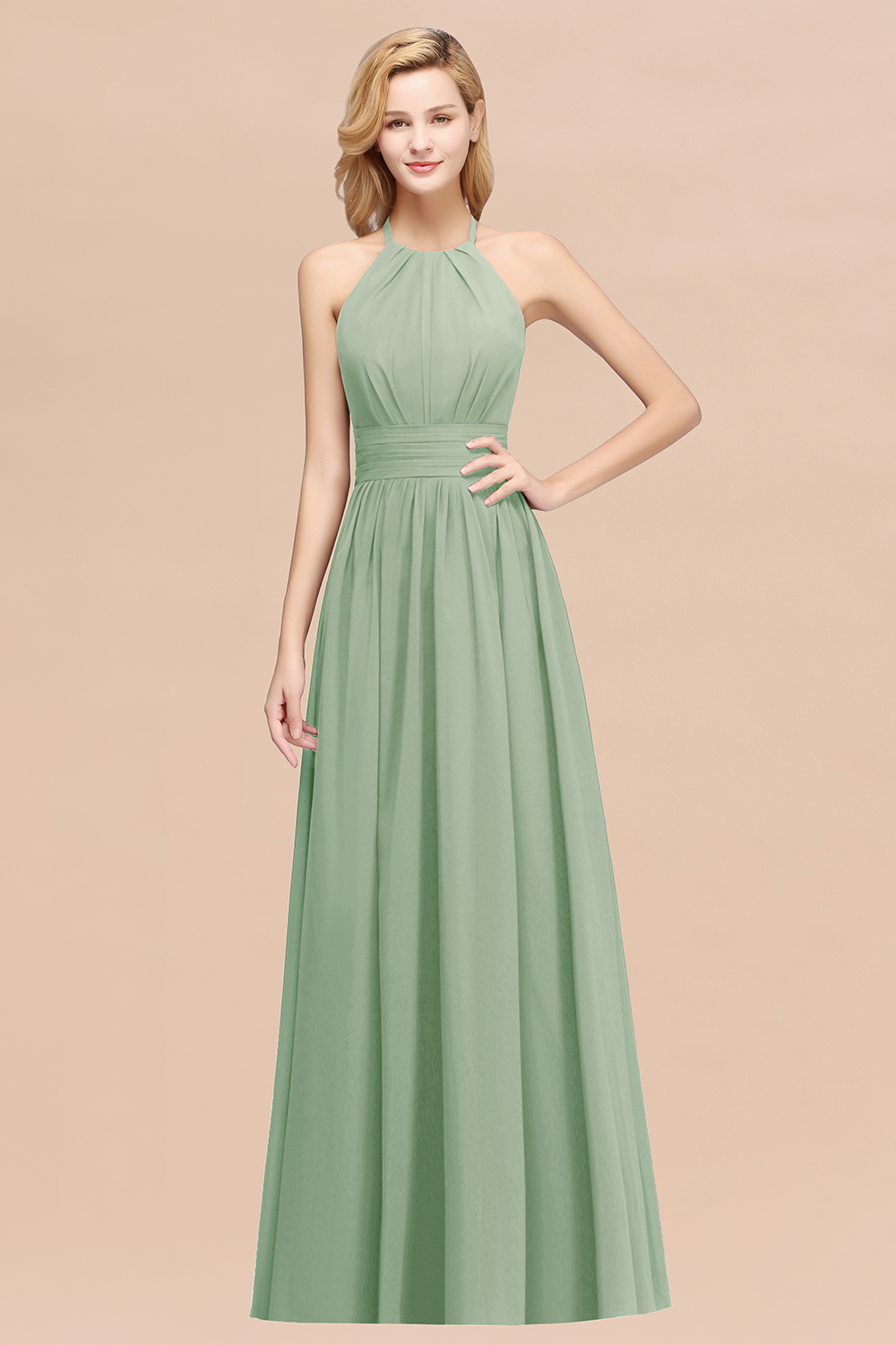 A-line Chiffon Appliques Halter Sleeveless Floor-Length Bridesmaid Dresses with Ruffles