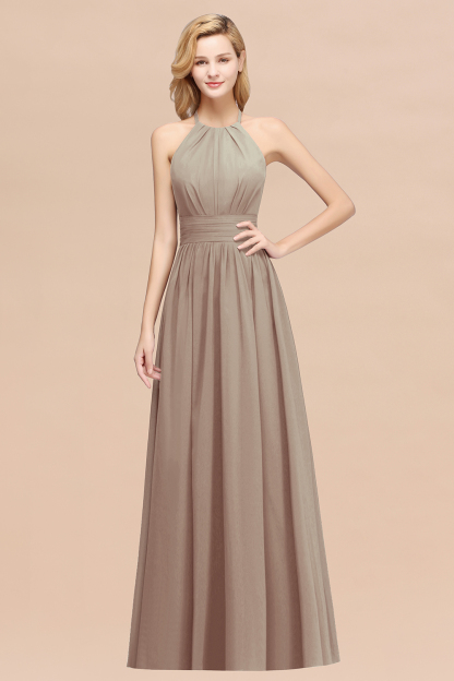 A-line Chiffon Appliques Halter Sleeveless Floor-Length Bridesmaid Dresses with Ruffles