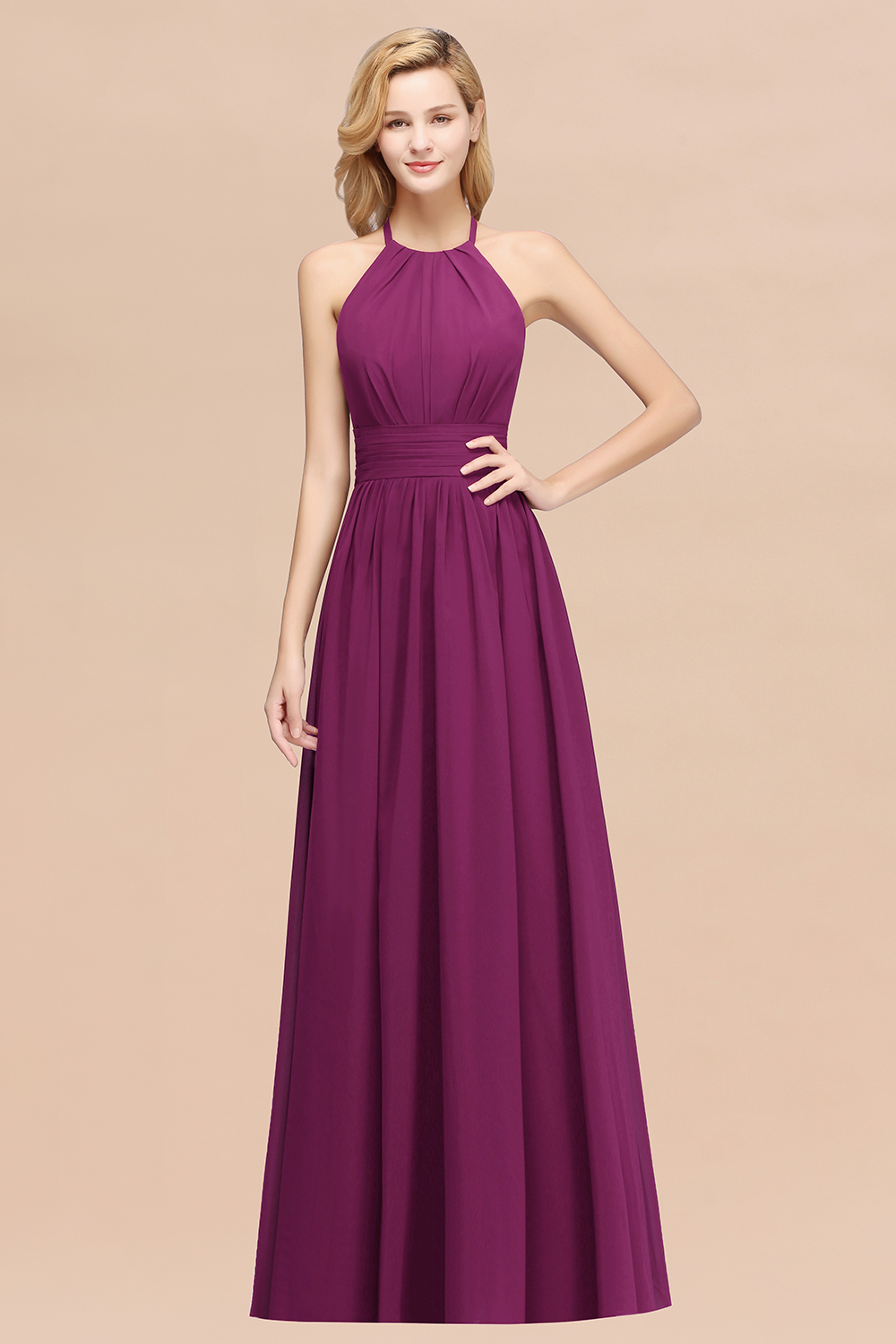 A-line Chiffon Appliques Halter Sleeveless Floor-Length Bridesmaid Dresses with Ruffles