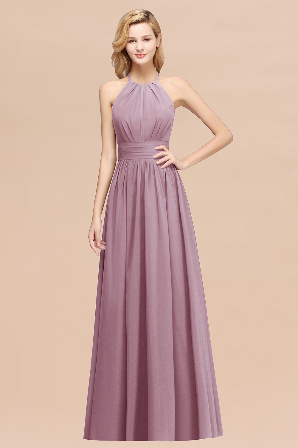 A-line Chiffon Appliques Halter Sleeveless Floor-Length Bridesmaid Dresses with Ruffles