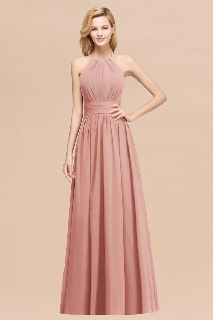 A-line Chiffon Appliques Halter Sleeveless Floor-Length Bridesmaid Dresses with Ruffles