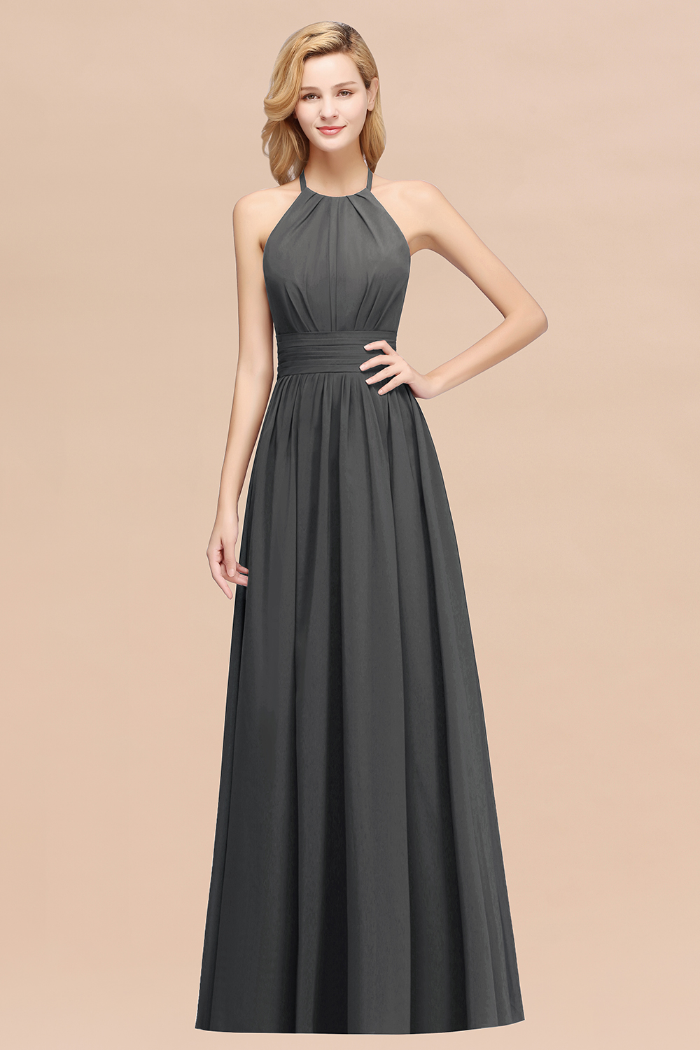 A-line Chiffon Appliques Halter Sleeveless Floor-Length Bridesmaid Dresses with Ruffles