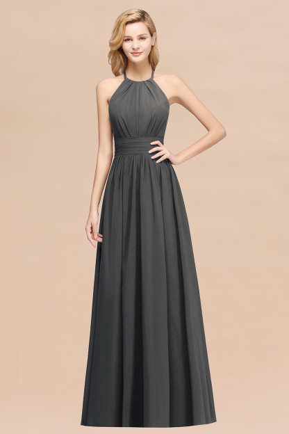 A-line Chiffon Appliques Halter Sleeveless Floor-Length Bridesmaid Dresses with Ruffles