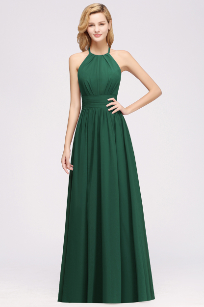 A-line Chiffon Appliques Halter Sleeveless Floor-Length Bridesmaid Dresses with Ruffles