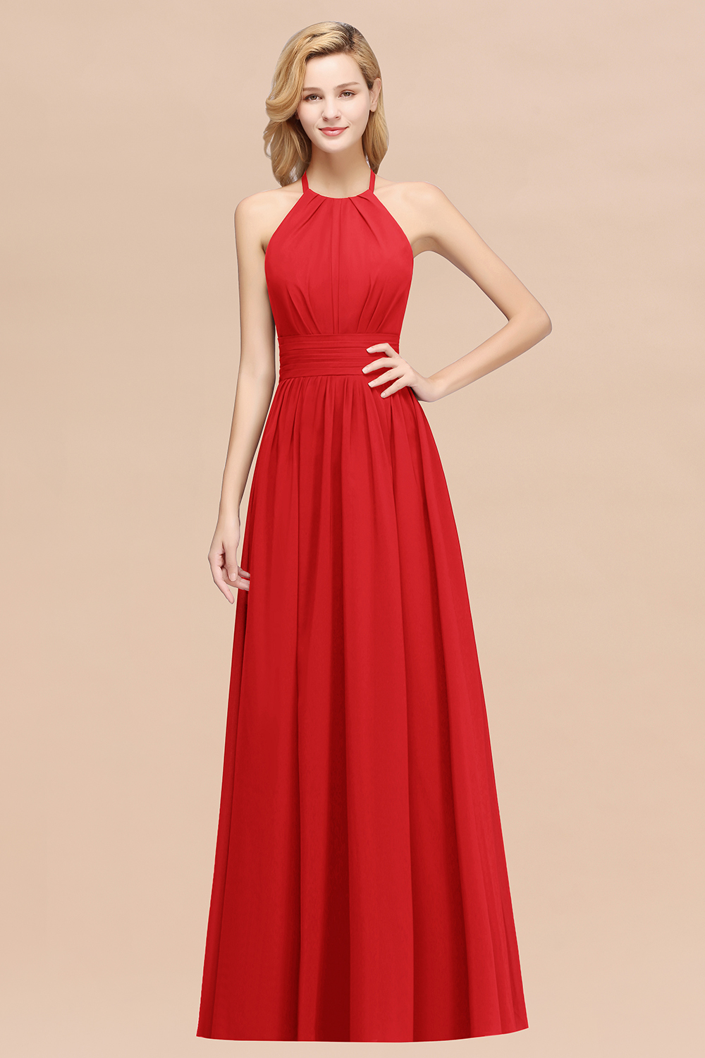 A-line Chiffon Appliques Halter Sleeveless Floor-Length Bridesmaid Dresses with Ruffles