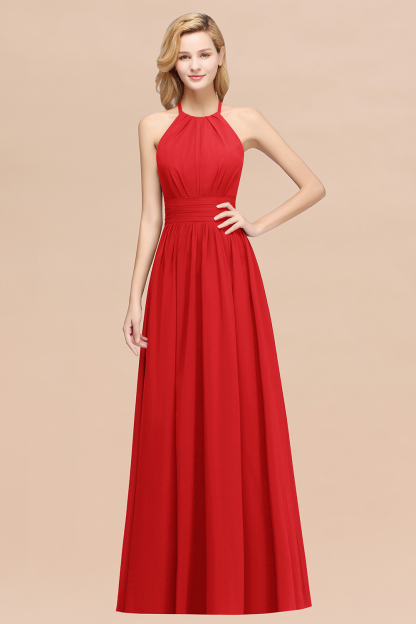 A-line Chiffon Appliques Halter Sleeveless Floor-Length Bridesmaid Dresses with Ruffles
