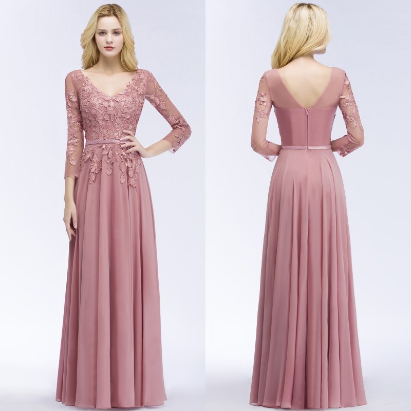 A-line Chiffon Appliques V-Neck Long-Sleeves Floor-Length Bridesmaid Dresses