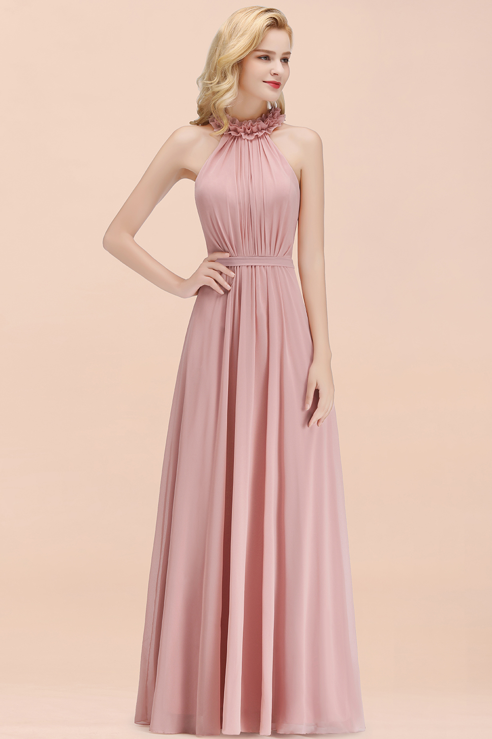 A-line Chiffon Halter Sleeveless Ruffled Floor Length Bridesmaid Dresses