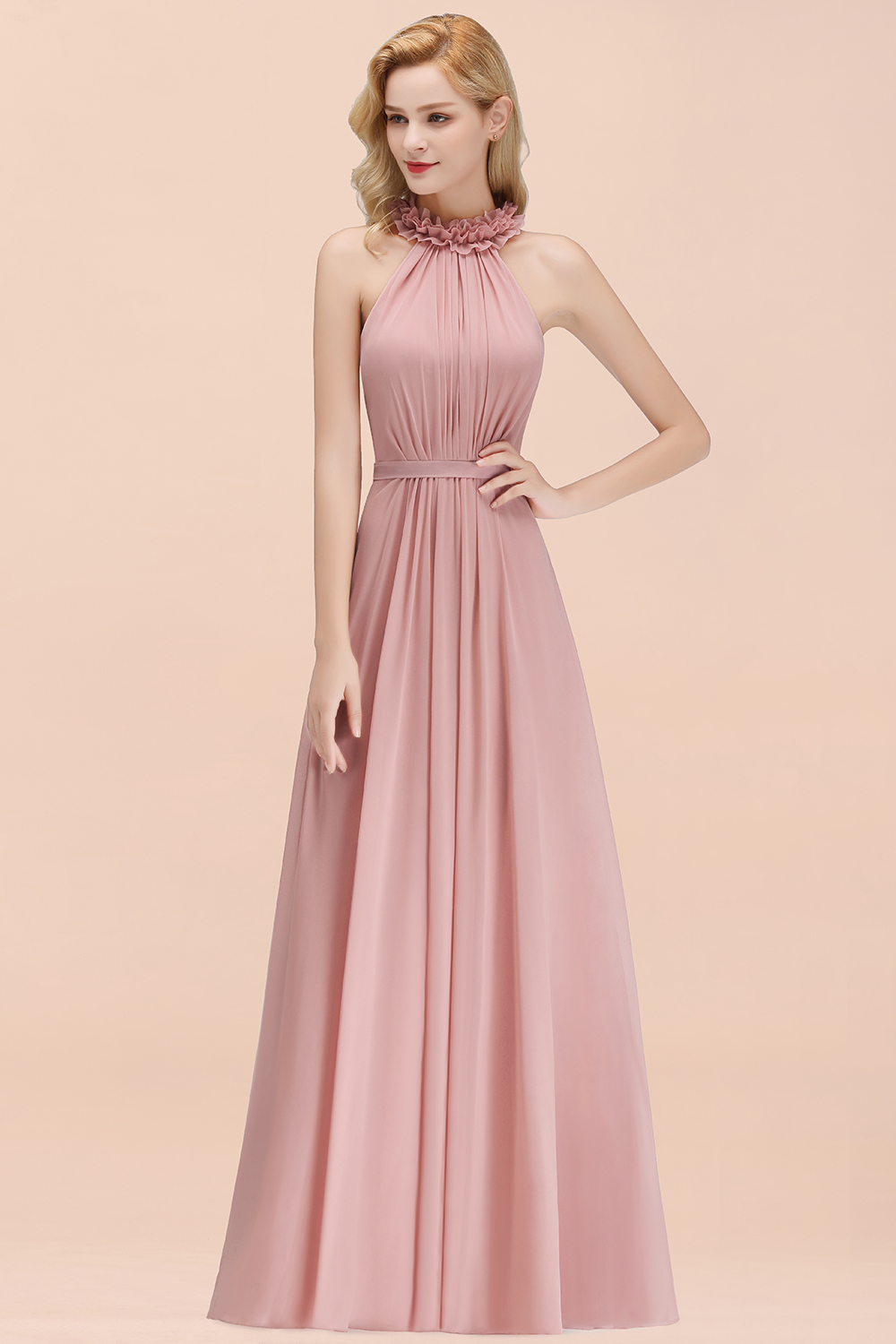 A-line Chiffon Halter Sleeveless Ruffled Floor Length Bridesmaid Dresses