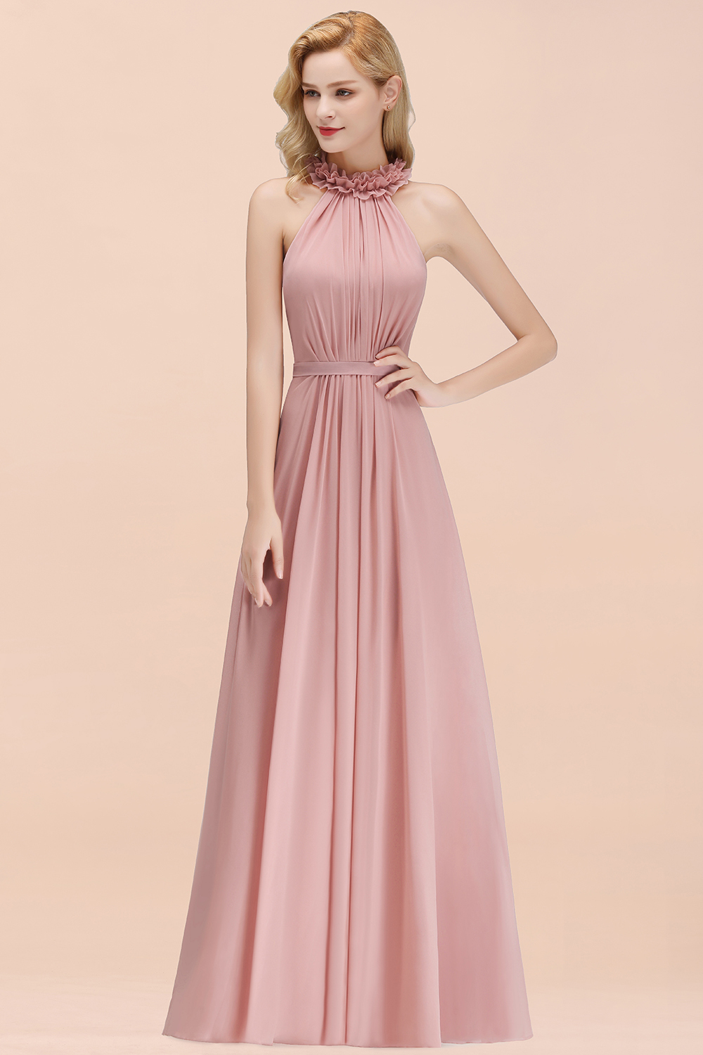 A-line Chiffon Halter Sleeveless Ruffled Floor Length Bridesmaid Dresses