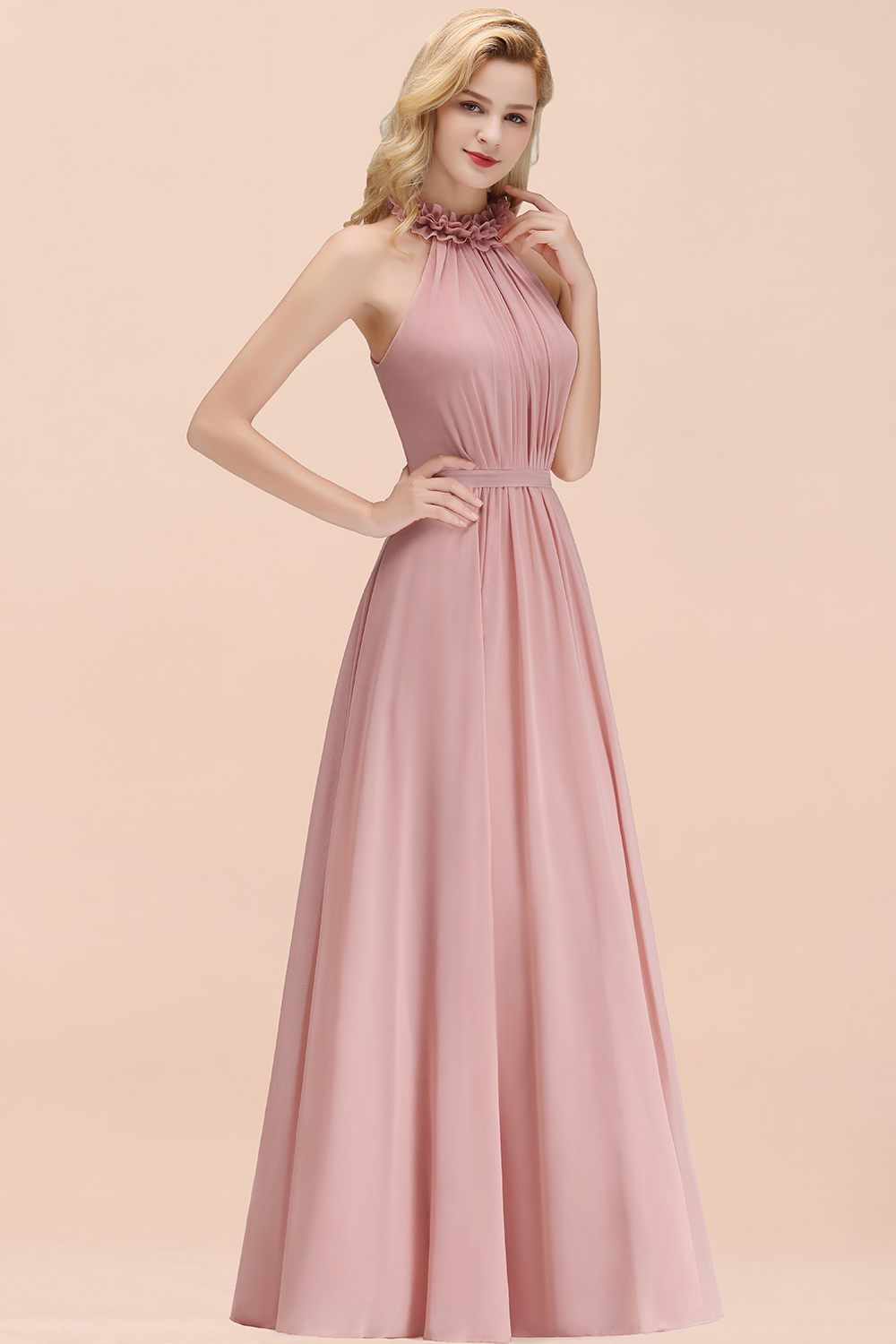 A-line Chiffon Halter Sleeveless Ruffled Floor Length Bridesmaid Dresses