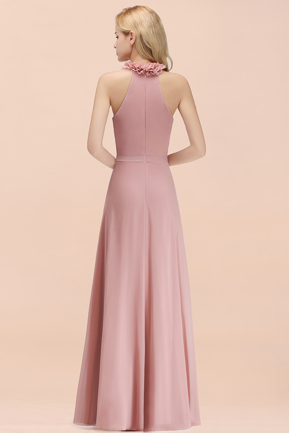 A-line Chiffon Halter Sleeveless Ruffled Floor Length Bridesmaid Dresses