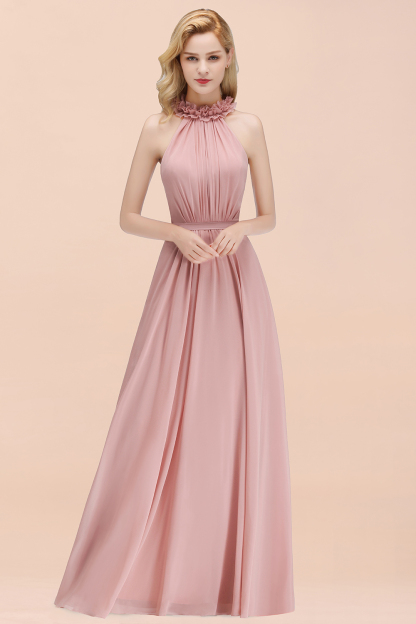 A-line Chiffon Halter Sleeveless Ruffled Floor Length Bridesmaid Dresses