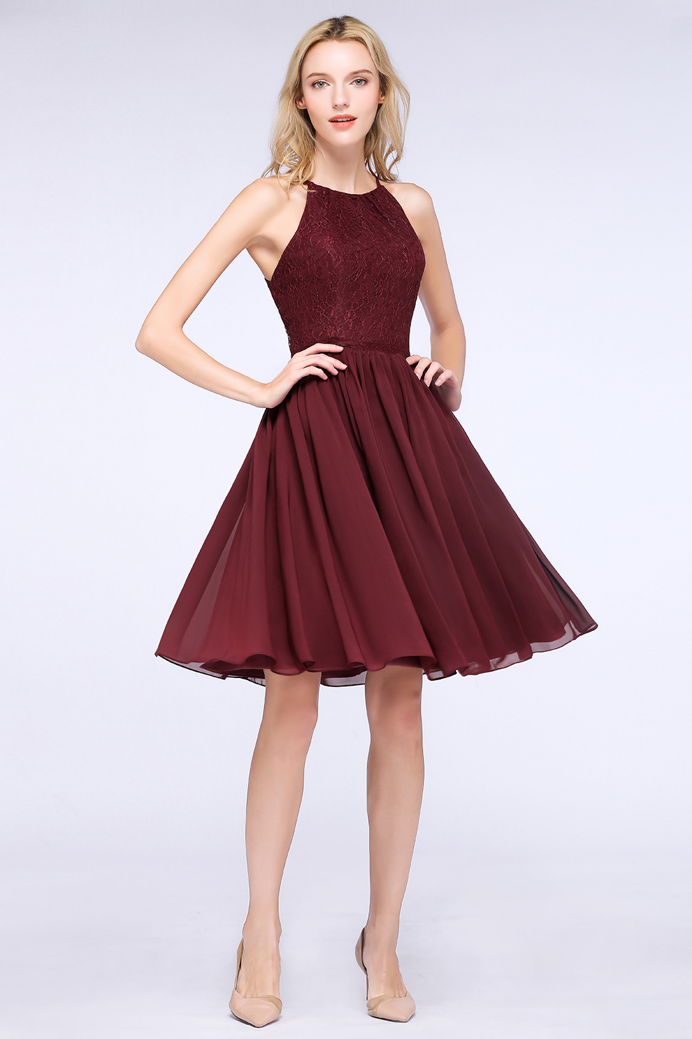 A-line Chiffon Lace Jewel Sleeveless Knee-Length Bridesmaid Dresses with Ruffles