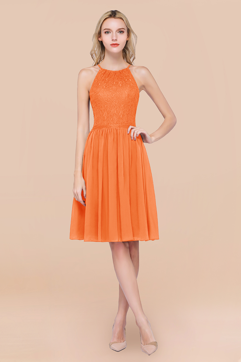 A-line Chiffon Lace Jewel Sleeveless Knee-Length Bridesmaid Dresses with Ruffles
