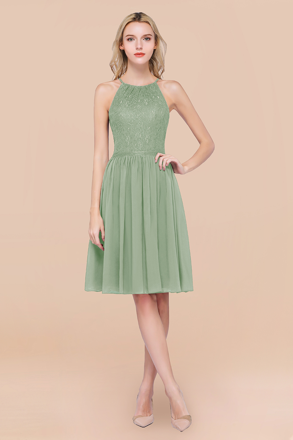 A-line Chiffon Lace Jewel Sleeveless Knee-Length Bridesmaid Dresses with Ruffles