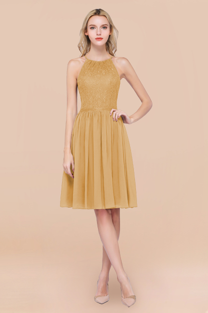 A-line Chiffon Lace Jewel Sleeveless Knee-Length Bridesmaid Dresses with Ruffles