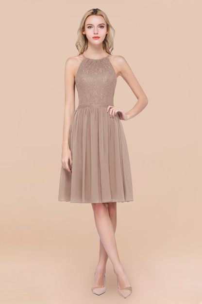 A-line Chiffon Lace Jewel Sleeveless Knee-Length Bridesmaid Dresses with Ruffles