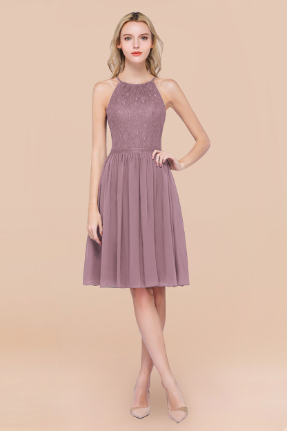 A-line Chiffon Lace Jewel Sleeveless Knee-Length Bridesmaid Dresses with Ruffles