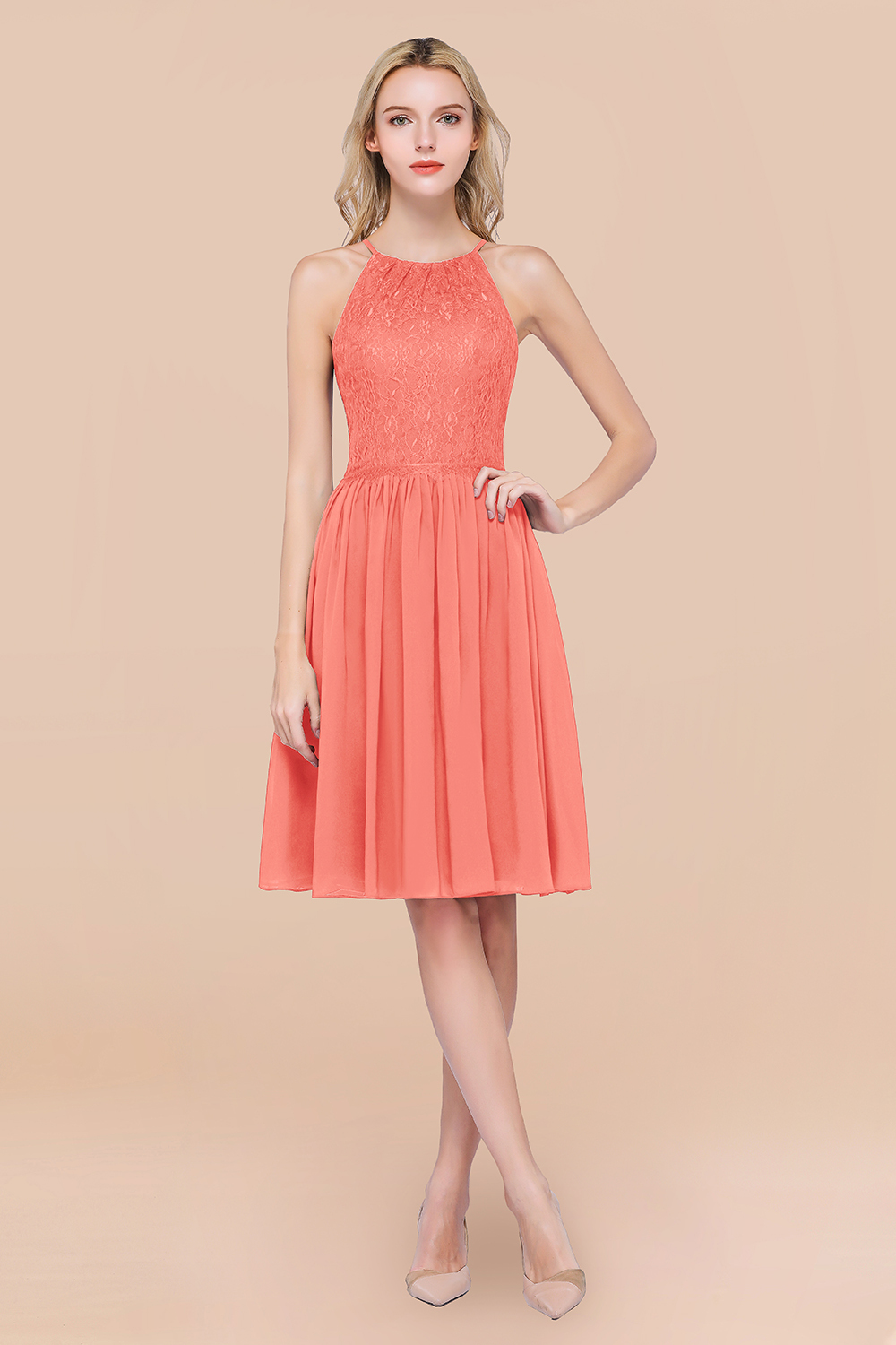 A-line Chiffon Lace Jewel Sleeveless Knee-Length Bridesmaid Dresses with Ruffles