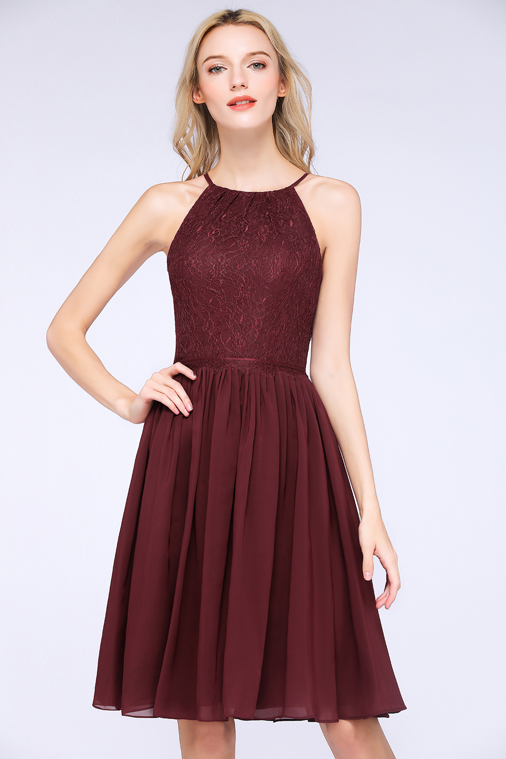 A-line Chiffon Lace Jewel Sleeveless Knee-Length Bridesmaid Dresses with Ruffles