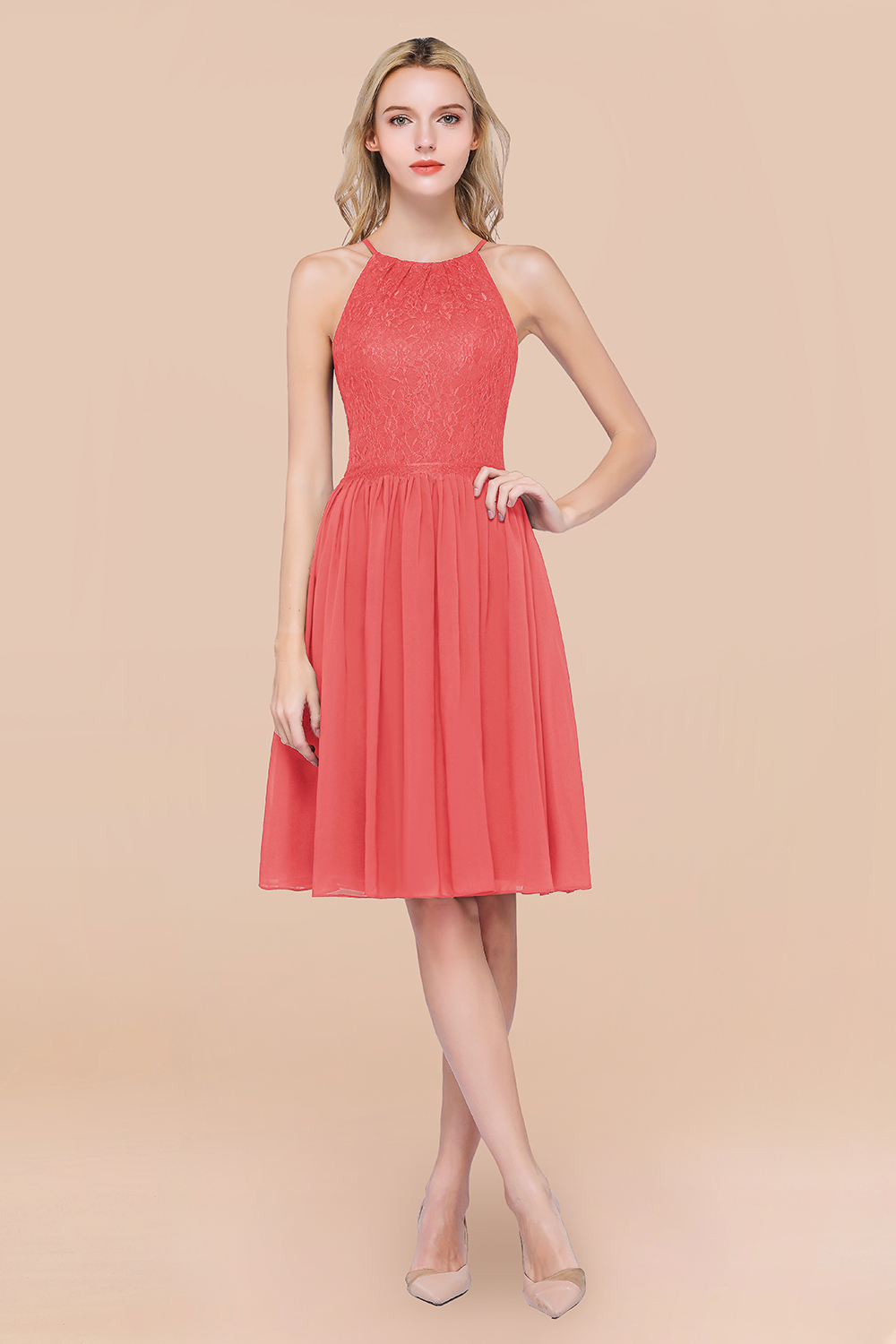 A-line Chiffon Lace Jewel Sleeveless Knee-Length Bridesmaid Dresses with Ruffles