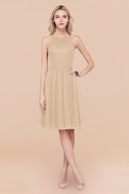 A-line Chiffon Lace Jewel Sleeveless Knee-Length Bridesmaid Dresses with Ruffles