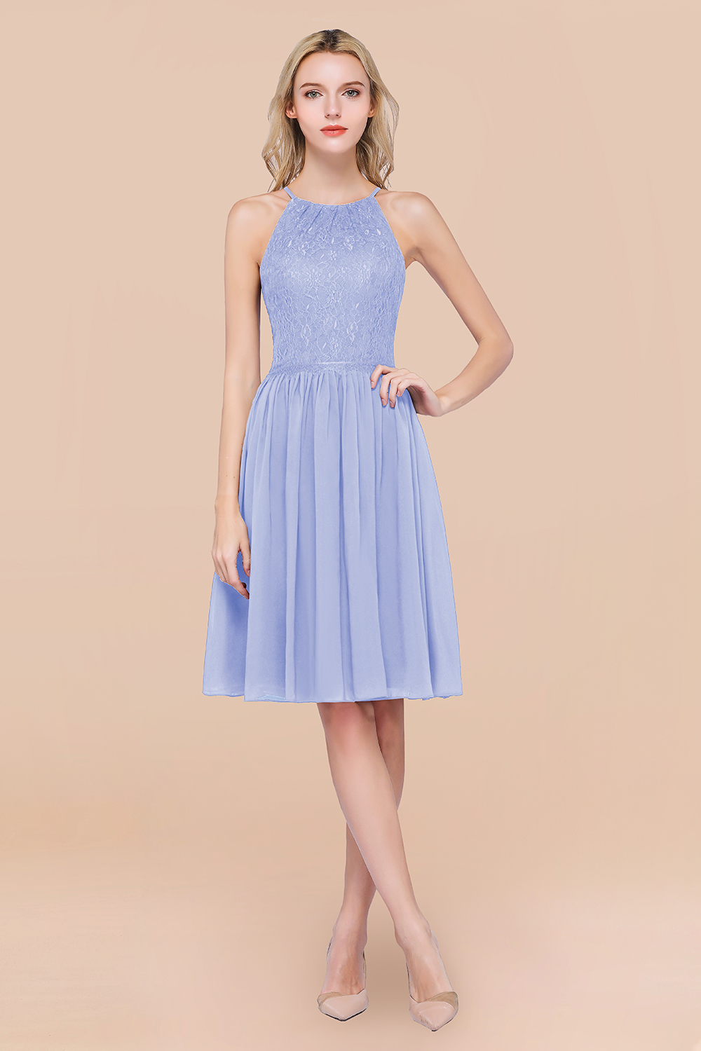A-line Chiffon Lace Jewel Sleeveless Knee-Length Bridesmaid Dresses with Ruffles