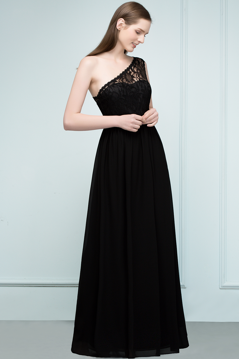 A-line Chiffon Lace One-shoulder Floor-length Bridesmaid Dress Floor Length with Sash