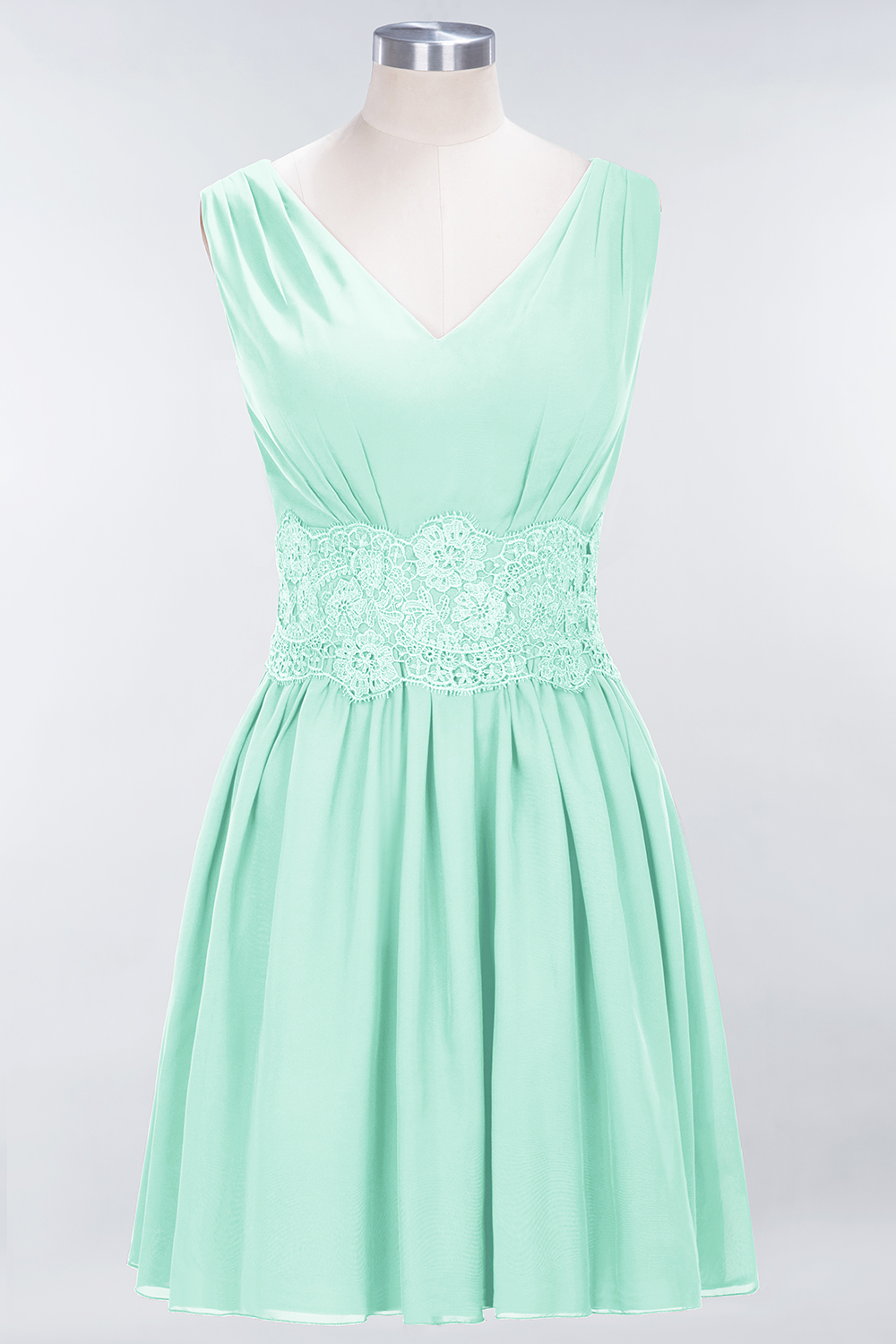 A-line Chiffon Lace V-Neck Sleeveless Mini Bridesmaid Dresses