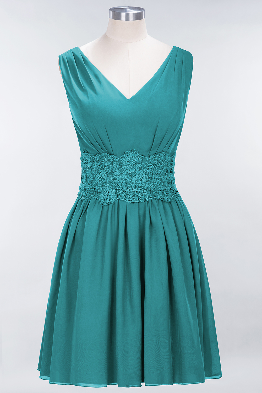 A-line Chiffon Lace V-Neck Sleeveless Mini Bridesmaid Dresses