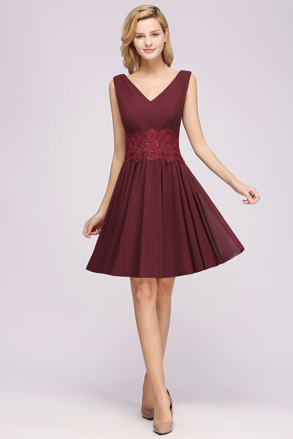 A-line Chiffon Lace V-Neck Sleeveless Mini Bridesmaid Dresses