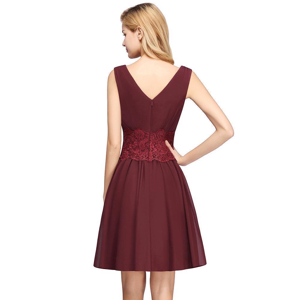 A-line Chiffon Lace V-Neck Sleeveless Mini Bridesmaid Dresses