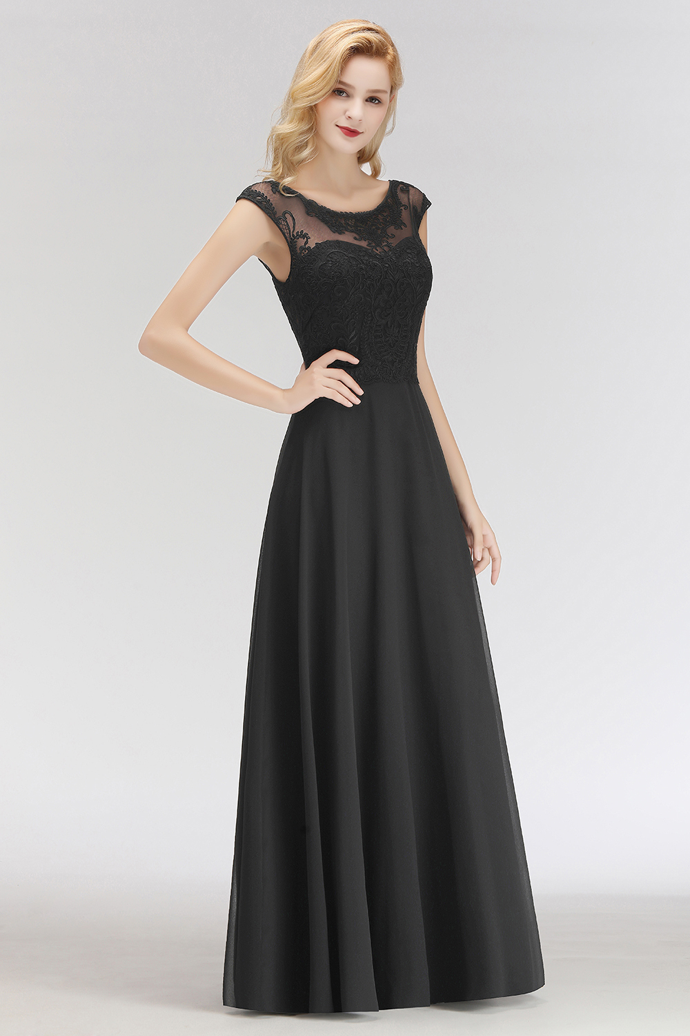 A-line Chiffon Scoop Sleeveless Long Lace Bridesmaid Dress