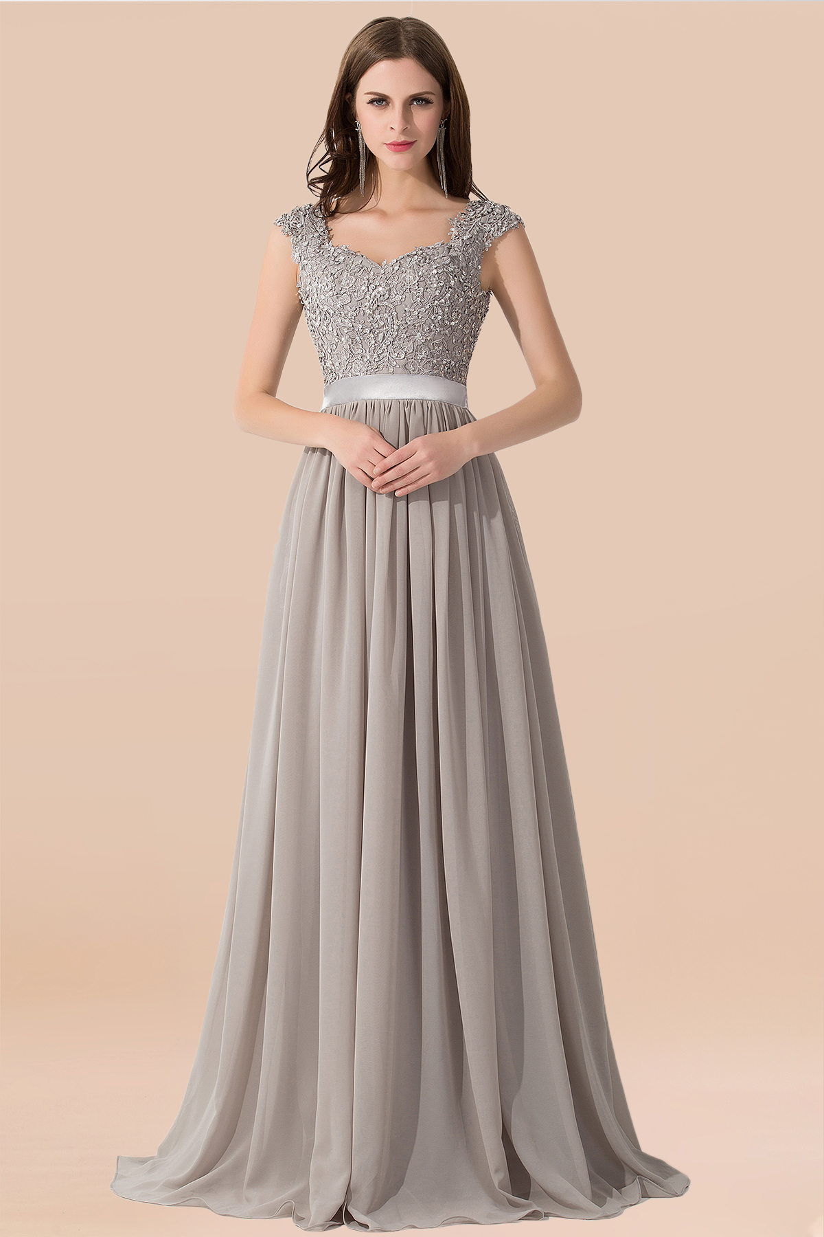 A-line Chiffon V-Neck Sleeveless Ruffles Floor-Length Bridesmaid Dress with Appliques
