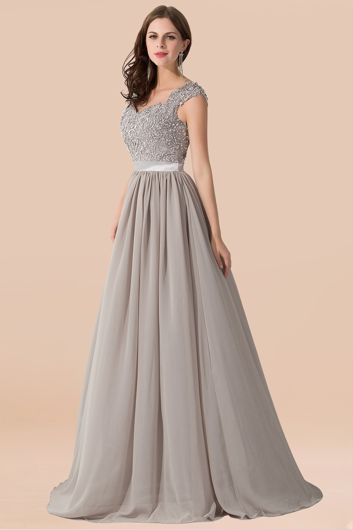 A-line Chiffon V-Neck Sleeveless Ruffles Floor-Length Bridesmaid Dress with Appliques