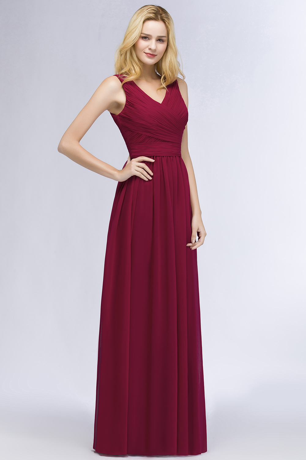 A-line Chiffon V-Neck Sleeveless Ruffles Floor-length Bridesmaid Dress
