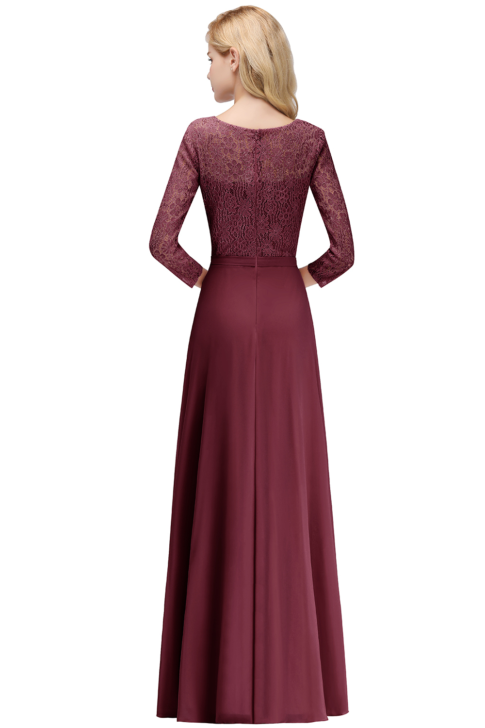 A-line Floor Length Lace Chiffon Bridesmaid Dresses with Sleeves