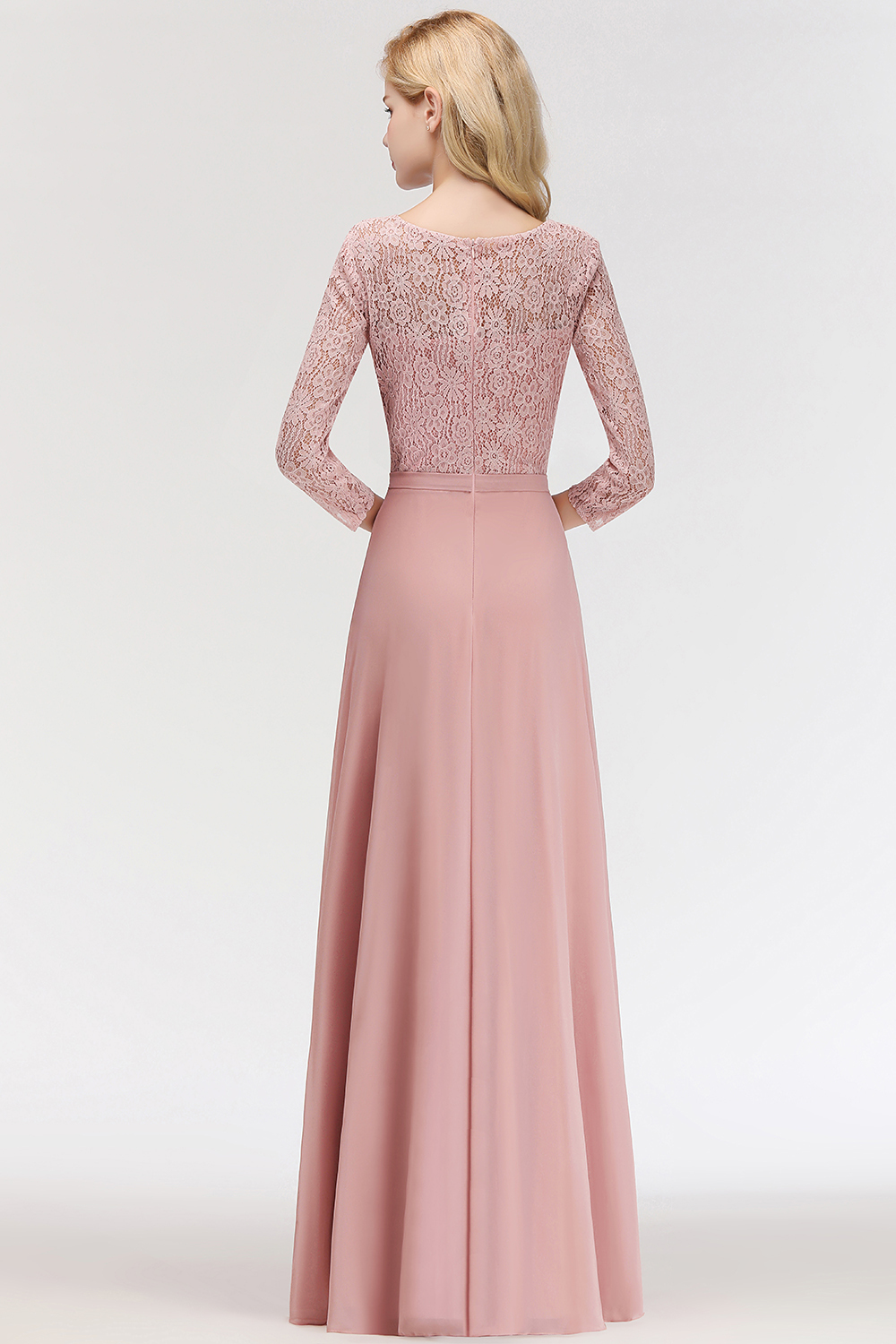 A-line Floor Length Lace Chiffon Bridesmaid Dresses with Sleeves