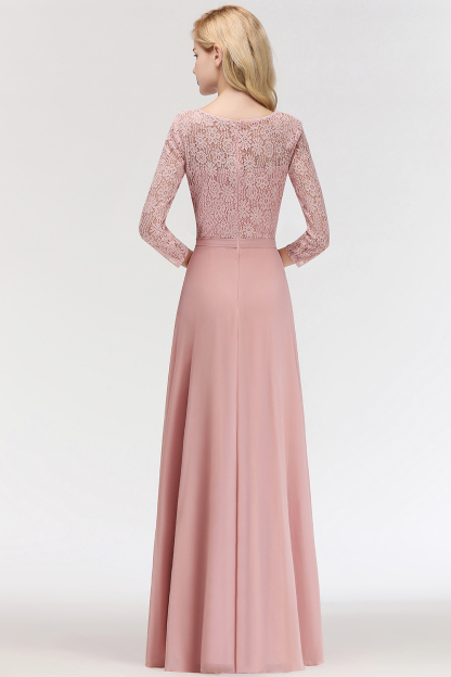 A-line Floor Length Lace Chiffon Bridesmaid Dresses with Sleeves