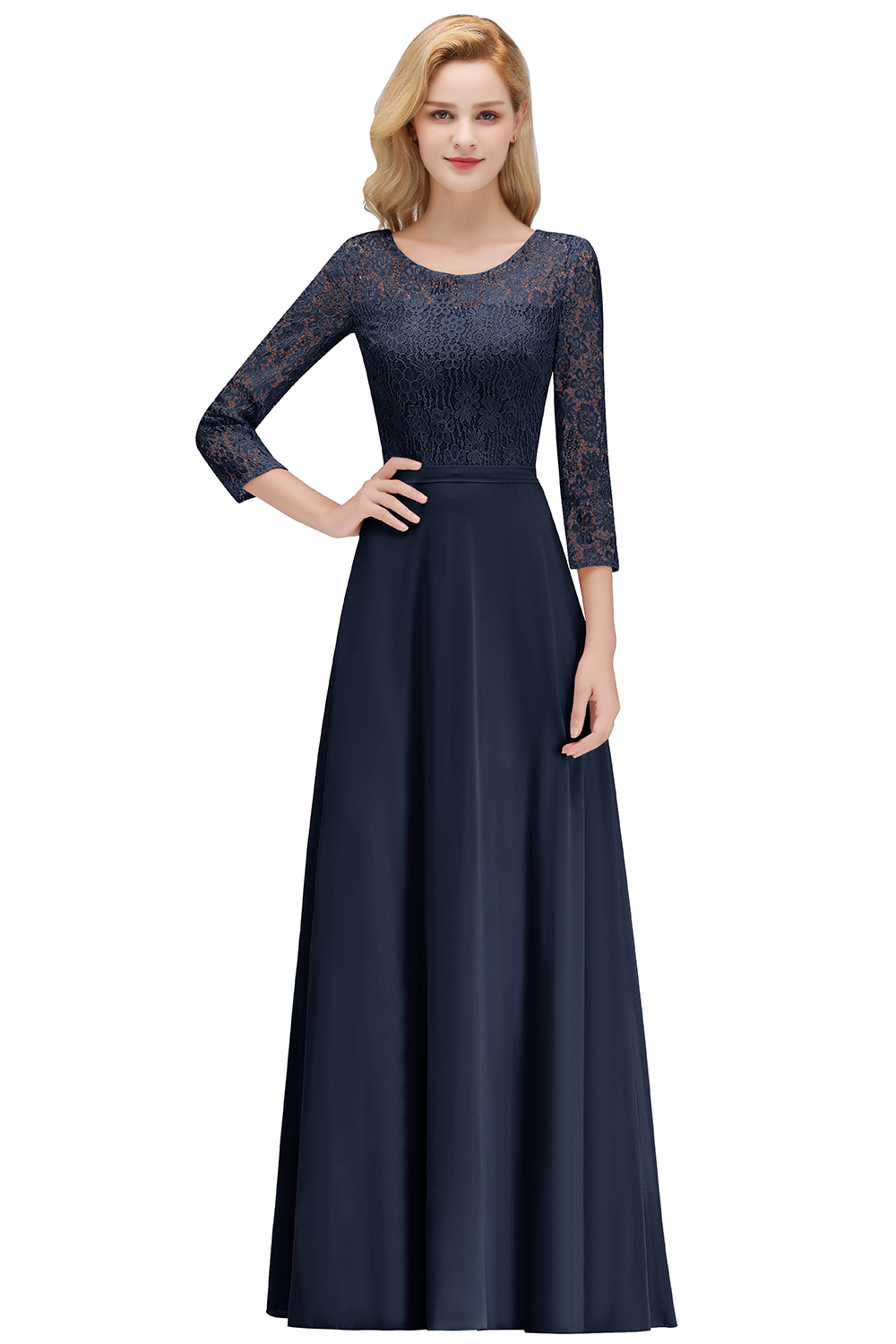 A-line Floor Length Lace Chiffon Bridesmaid Dresses with Sleeves