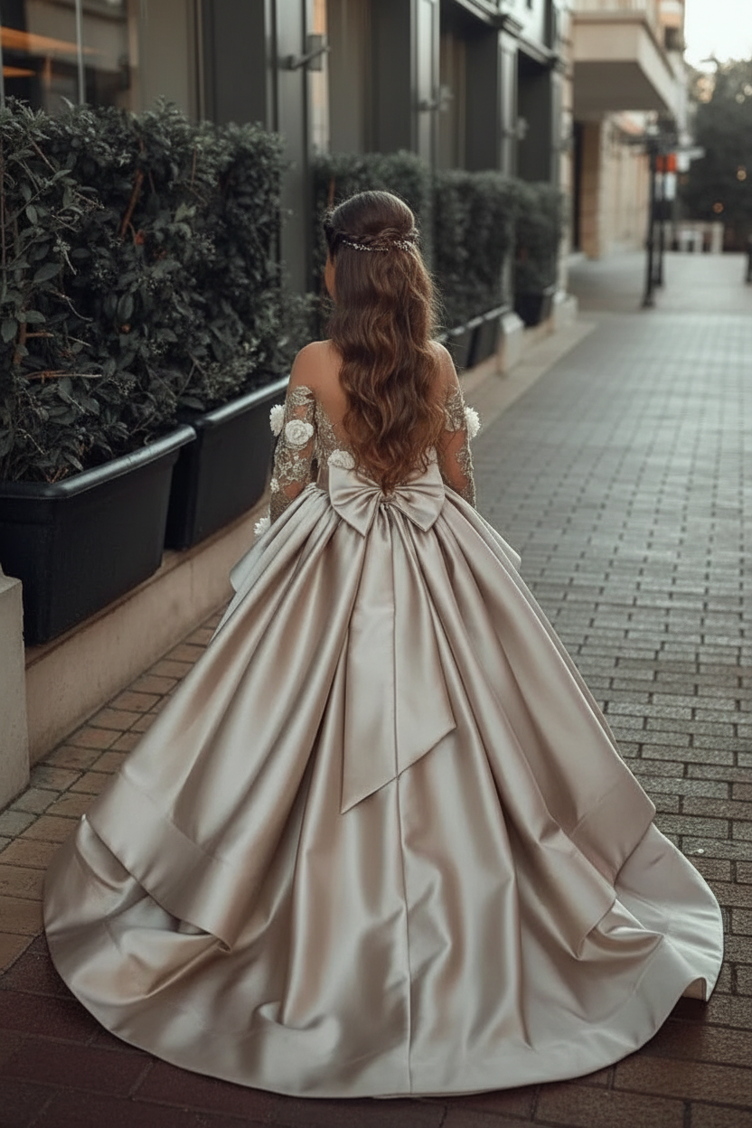 A-line High Low Satin See-through Back Lace Appliques Bow Flower Girl Dress