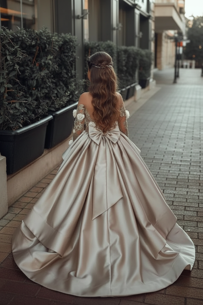 A-line High Low Satin See-through Back Lace Appliques Bow Flower Girl Dress