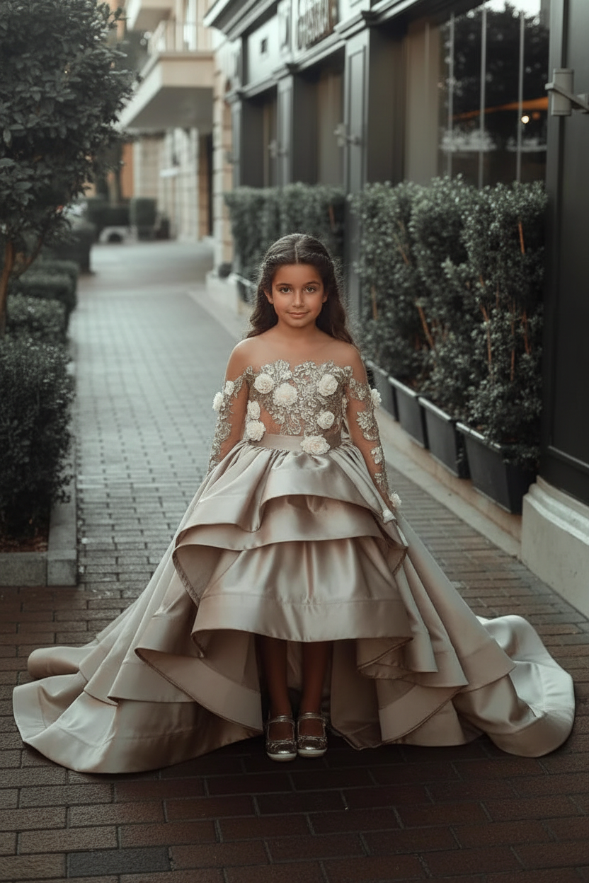 A-line High Low Satin See-through Back Lace Appliques Bow Flower Girl Dress