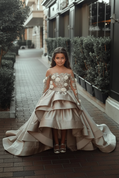 A-line High Low Satin See-through Back Lace Appliques Bow Flower Girl Dress