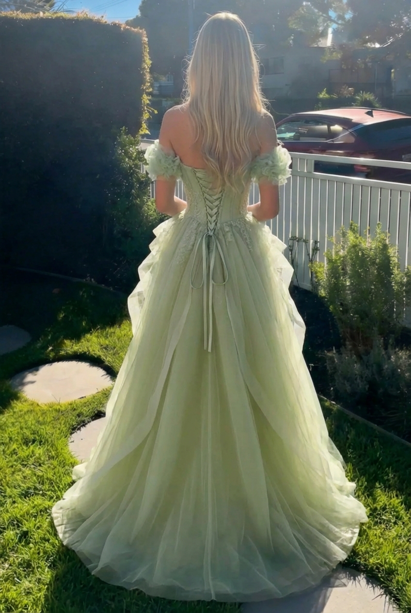 A-line Off the Shoulder Lace-up Tulle Lace Long Prom Dress