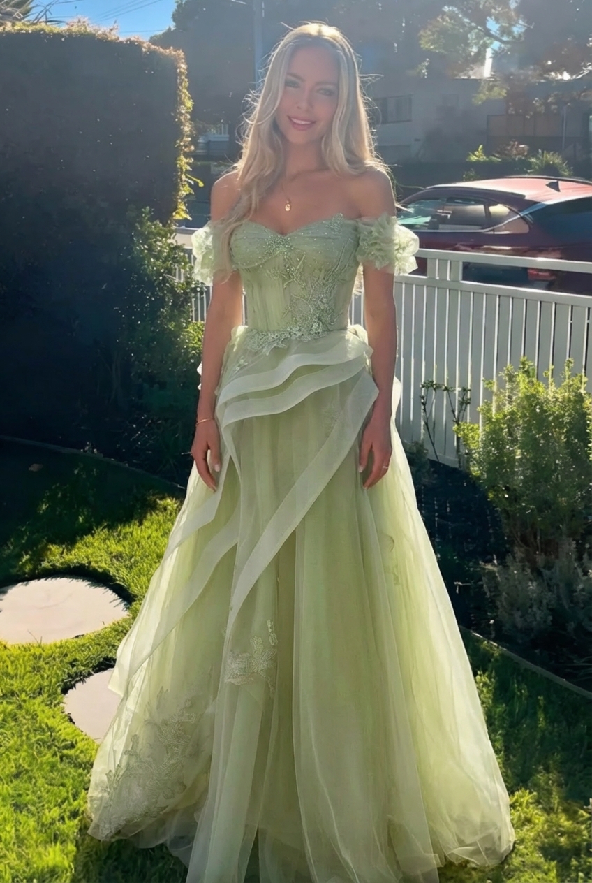 A-line Off the Shoulder Lace-up Tulle Lace Long Prom Dress