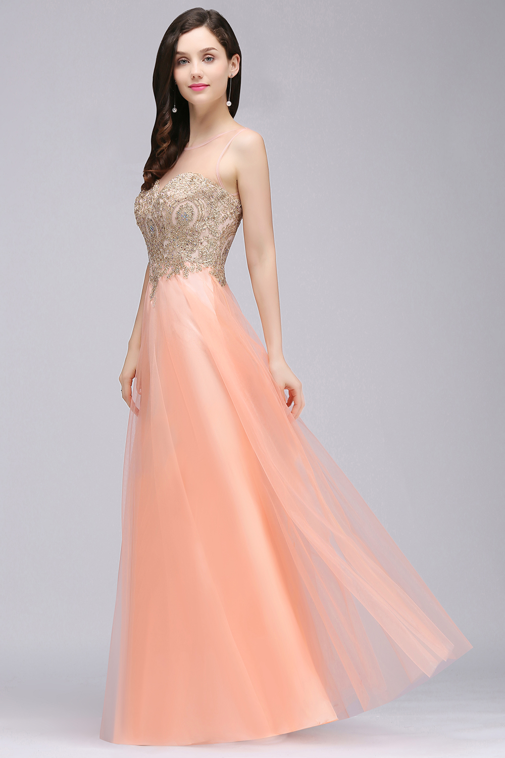 A-line Open Back Sleeveless Appliques Tulle Bridesmaid Dresses